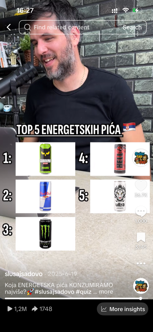 Primer plasiranja brenda energetskih pića u shorts formatu — ilustracija, nije stvarno sponzorstvo