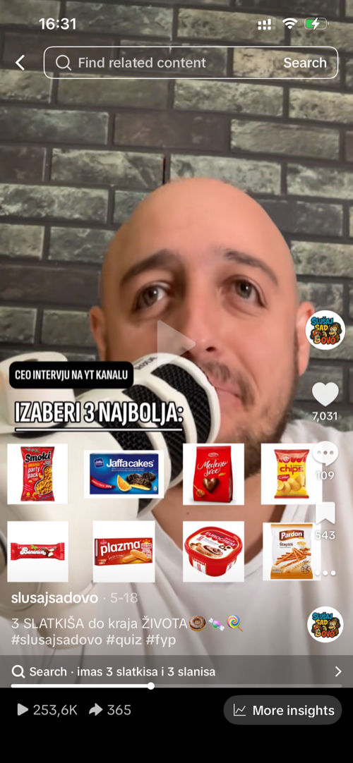 Primer plasiranja brenda slatkiša u shorts formatu — ilustracija, nije stvarno sponzorstvo